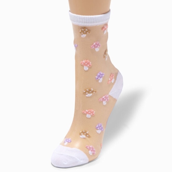 Lolita Embroidered Pastel Mushrooms Sheer Crew Socks - Picture 1 of 2